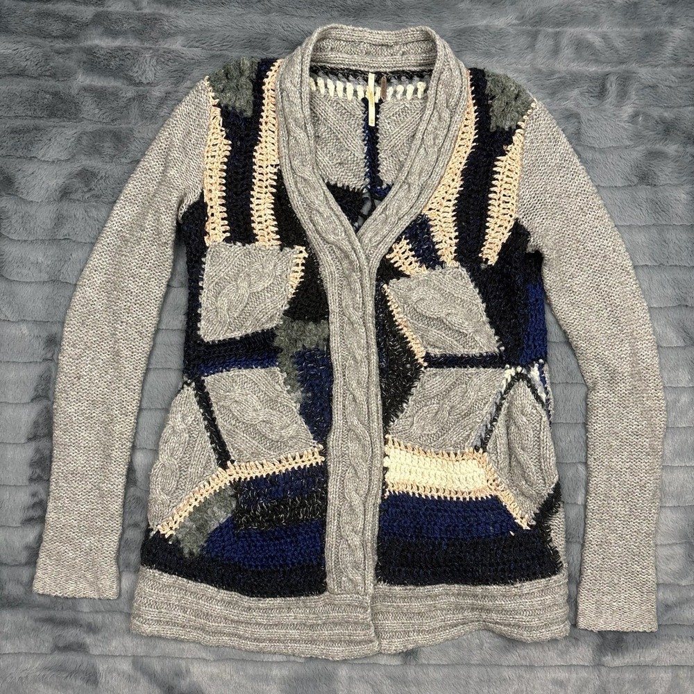Free People Patchwork Mixed Knit Cardigan Sweater Grey Navy Wool Mohair XS